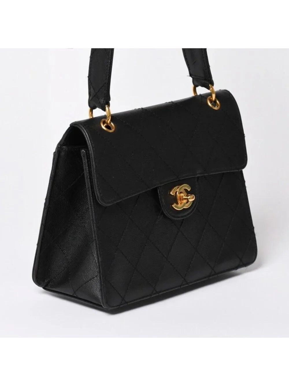 Chanel Quilted Bag CC Logo Caviar Leather Black Gold